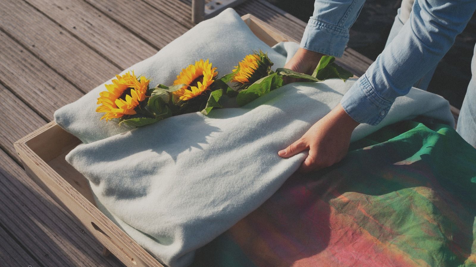 Handen leggen zonnebloemen op een wade